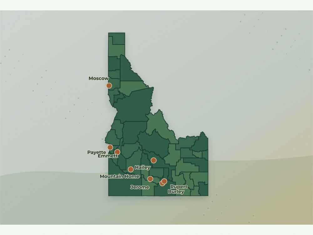Accurate Idaho land service area map showing Hailey, Mountain Home, Moscow, Jerome, Burley, Rupert, Payette, and Emmett